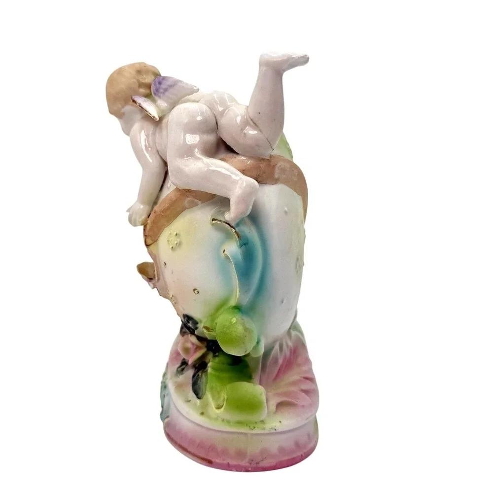 Antique Victorian Porcelain‎ Cherub Putti Figurine Applied Flowers 1800s